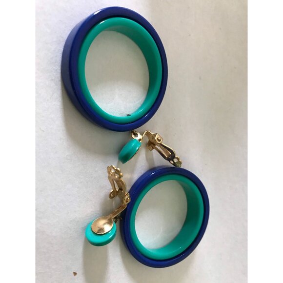 Vtg 1960's Mod Dangle Drop 2 Concentric Circles Clip On Earrings Deep Blue Turq - Picture 8 of 8